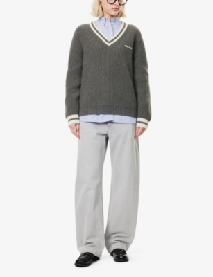 MIU MIU WOMENS ARDESIA TEXT-INTARSIA RIBBED WOOL-BLEND KNITTED JUMPER