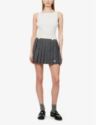 Miu Miu Womens  Slim-fit Embroidered-branding Wool-blend Knit Top In Bianco