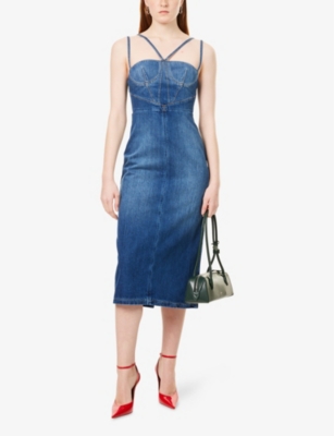 NENSI DOJAKA: Corset Shoulder-Straps Denim Midi Dress