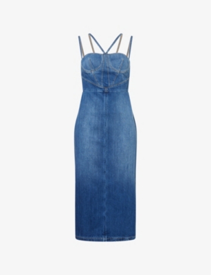 NENSI DOJAKA: Corset Shoulder-Straps Denim Midi Dress