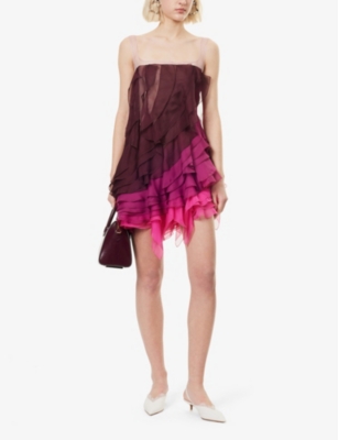 Shop Nensi Dojaka Womens Aubergine - Fuchsia Ruffle-layered Sleeveless Woven Mini Dress