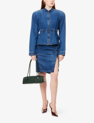 Shop Nensi Dojaka Womens  Peplum Padded-shoulders Denim Jacket In Blue Wash
