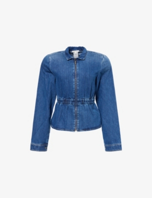 Shop Nensi Dojaka Womens  Peplum Padded-shoulders Denim Jacket In Blue Wash