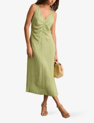 REISS: Pari Ruched Linen-Blend Midi Dress