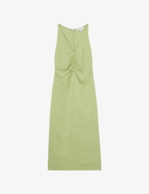 REISS: Pari Ruched Linen-Blend Midi Dress