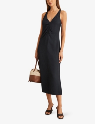REISS: Pari Ruched Linen-Blend Midi Dress