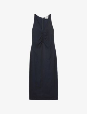 REISS: Pari Ruched Linen-Blend Midi Dress