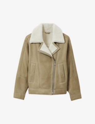 Reiss Light Green Shearling-lined Leather Aviator Jacket In Light Green