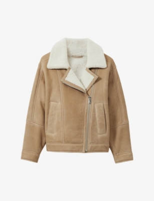 Shop Reiss Womens Neutral Mona Shearling-lined Leather Aviator Jacket