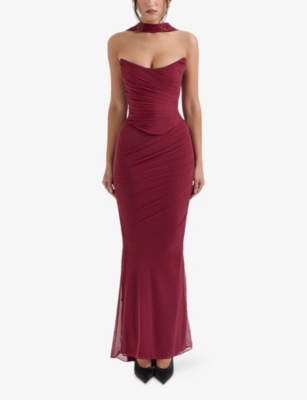 HOUSE OF CB OF CB WOMENS CABERNET CASSIDY FLUTED-HEM MESH MAXI SKIRT XS 