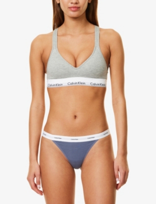 Shop Calvin Klein Womens Grisaille Branded-waistband Stretch-cotton Thong Xs