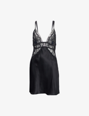 CALVIN KLEIN: V-neck Lace-Panel Silk Mini Night Dress