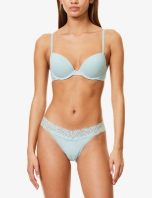 Calvin Klein Womens  Low-rise Lace-panel Stretch-woven Thong In Ether