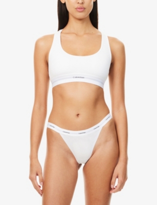 Calvin Klein Womens White Ribbed Cotton-blend String Thong In White