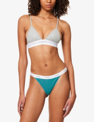 Calvin Klein Womens Lively Teal Branded Ribbed Stretch-cotton Thong