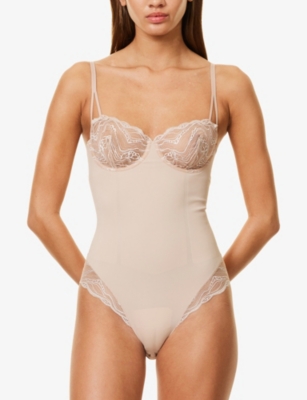 Calvin Klein Womens  Sensual Lace-panel Stretch-woven Bodysuit In Cedar
