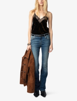 ZADIG & VOLTAIRE WOMENS COGNAC CHRISTY LACE-TRIM VELVET CAMISOLE TOP