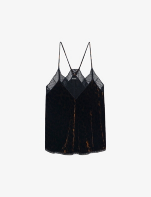 ZADIG & VOLTAIRE WOMENS COGNAC CHRISTY LACE-TRIM VELVET CAMISOLE TOP