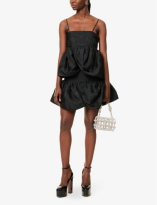 Shop Rotate Birger Christensen Womens Black Floral-pattern Draped-balloon Jacquard Mini Skirt
