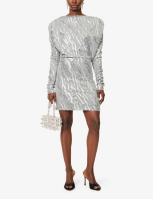 Rotate Birger Christensen Womens Boat-neck Sequin-embellished Recycled-polyester Blend Mini Dress Dark Grey Melange In Dark Grey Melange