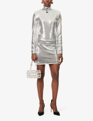 Rotate Birger Christensen Womens  Funnel-neck Long-sleeve Sequin Top In Silver