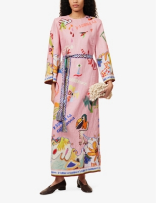 Shop Alemais Womens Multi La Charrasca Flared-sleeve Linen Midi Dress