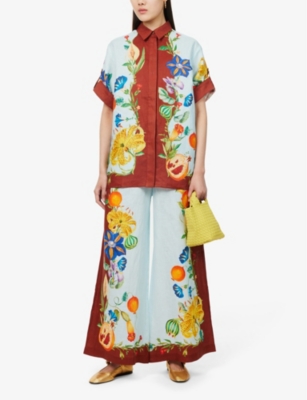 Shop Alemais Womens Multi Dahlia Flower-print Wide-leg High-rise Linen Trousers