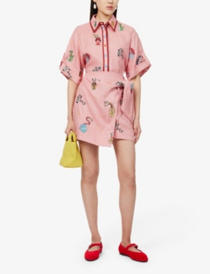 Shop Alemais Womens Pink Timmy Graphic-embroidery Linen Mini Skirt