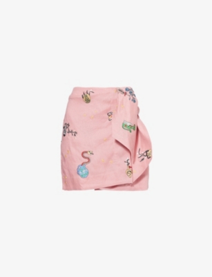 Shop Alemais Womens Pink Timmy Graphic-embroidery Linen Mini Skirt