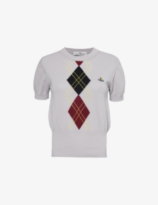 Vivienne Westwood Mens Pigeon Grey Argyle-pattern Orb-embroidery Cotton-blend Knitted Top In Pigeon Grey