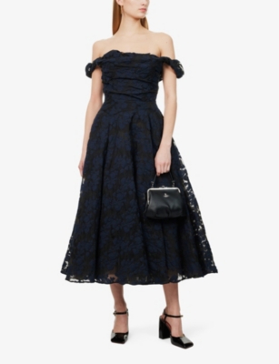 VIVIENNE WESTWOOD MENS BLACK/NAVY CHICHI OFF-SHOULDER FLORAL-PATTERN COTTON-BLEND MIDI DRESS 