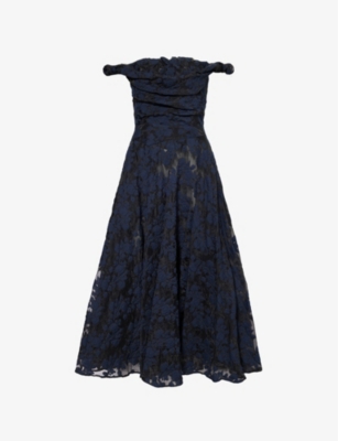 VIVIENNE WESTWOOD MENS BLACK/NAVY CHICHI OFF-SHOULDER FLORAL-PATTERN COTTON-BLEND MIDI DRESS 