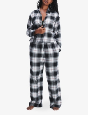 Savage X Fenty Womens Flannel Feels Check Cotton-blend Pyjama Set Dove White Plaid In Dove White Plaid