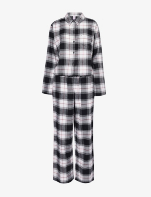 Savage X Fenty Womens Flannel Feels Check Cotton-blend Pyjama Set Dove White Plaid In Dove White Plaid