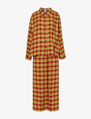 Savage X Fenty Womens  Flannel Feels Check Cotton-blend Pyjama Set In Sge Dy Grn/ Red Cgnc Pld