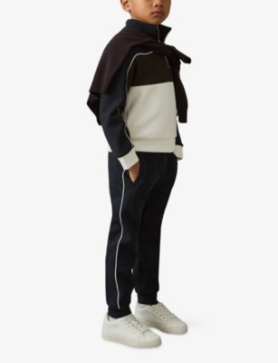 REISS NAVY  OFF WHITE EPPING CONTRAST-PIPED TRIM STRETCH-WOVEN JOGGING BOTTOMS 3-13 