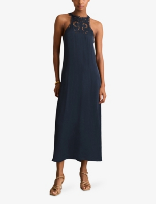 Reiss Womens  Cut-out Embroidered Satin Slip Midi Dress