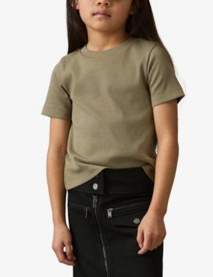 REISS KHAKI ROUND-NECK SHORT-SLEEVE RIBBED COTTON-JERSEY T-SHIRT 4-9 