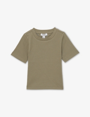 REISS KHAKI ROUND-NECK SHORT-SLEEVE RIBBED COTTON-JERSEY T-SHIRT 4-9 