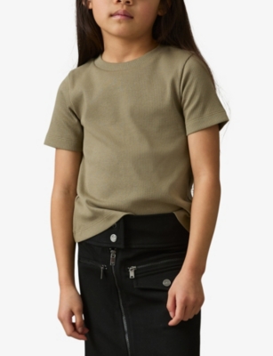 REISS KHAKI ROUND-NECK SHORT-SLEEVE VICTORIA RIBBED COTTON-JERSEY T-SHIRT 4-9 