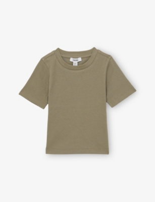 REISS KHAKI ROUND-NECK SHORT-SLEEVE VICTORIA RIBBED COTTON-JERSEY T-SHIRT 4-9 