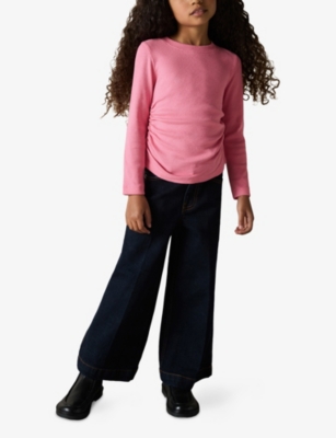 REISS TRINA SIDE-RUCHED LONG-SLEEVE STRETCH-COTTON T-SHIRT 9-13 