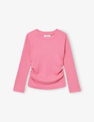 REISS TRINA SIDE-RUCHED LONG-SLEEVE STRETCH-COTTON T-SHIRT 9-13 