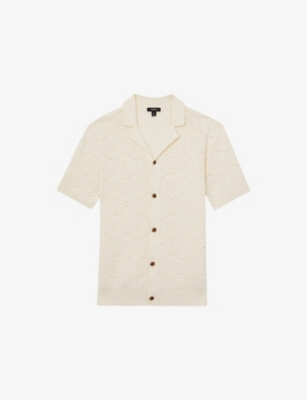 Reiss Mens Off White Royce Pointelle Short-sleeve Cotton Shirt Xl