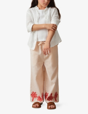 REISS PALM-PRINT DRAWSTRING-WAIST COTTON AND LINEN-BLEND TROUSERS 4-13 