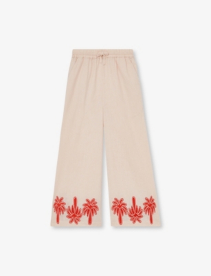 REISS PALM-PRINT DRAWSTRING-WAIST COTTON AND LINEN-BLEND TROUSERS 4-13 
