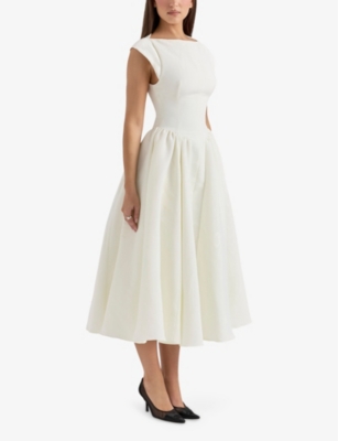 Debutante cap-sleeve backless satin midi dress