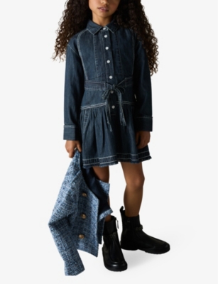 REISS BLUE CONTRAST TOP-STITCH BELTED DENIM SHIRT DRESS 9-13 