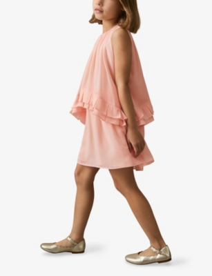 REISS PINK LUNI ROUND-NECK TIERED CHIFFON MINI DRESS 9-13 