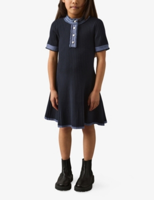 REISS CONTRAST-TRIM RIBBED KNITTED DRESS 4-13 YEARS NAVY 